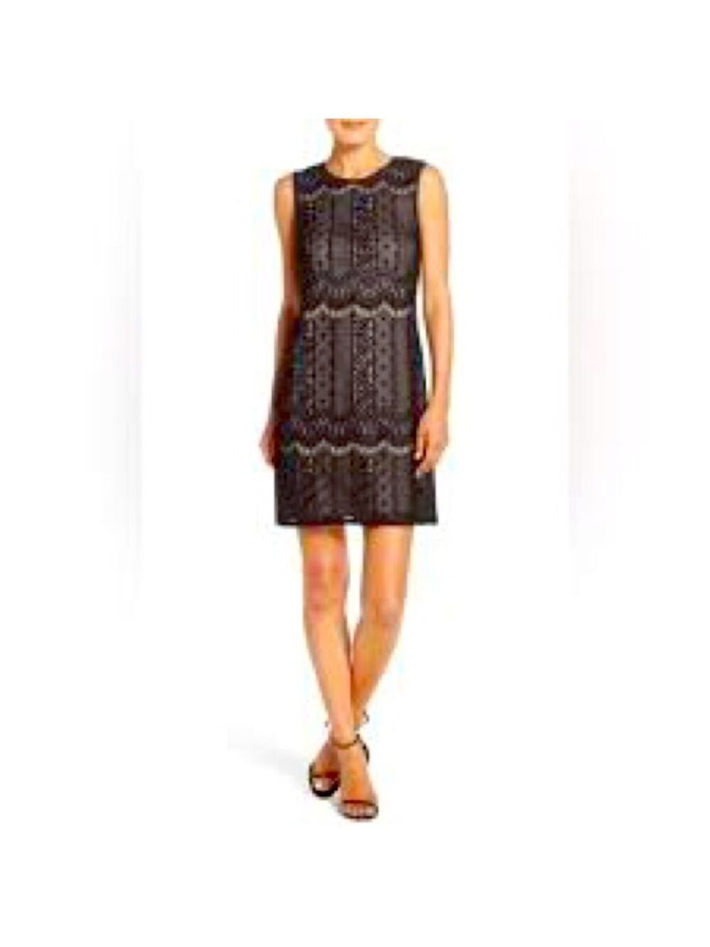 ADRIANNA PAPELL Black Lace Over Nude 
Mini Shift Dress
Size 4P